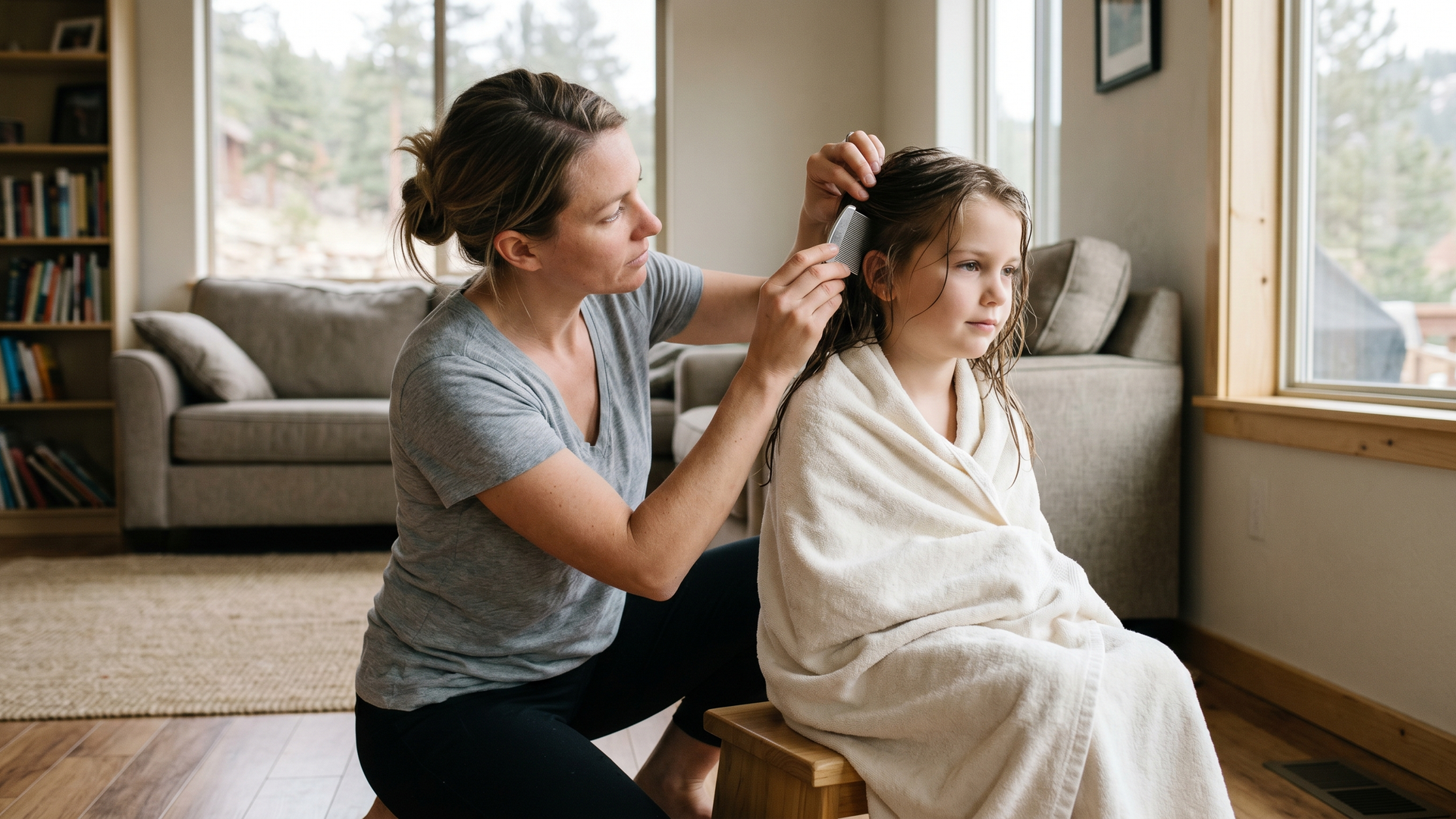 Parent kneeling next to a young child in a softly lit Colorado home doing a follow-up scalp check with a fine-tooth metal nit comb after a previous lice treatment that did not close the case.