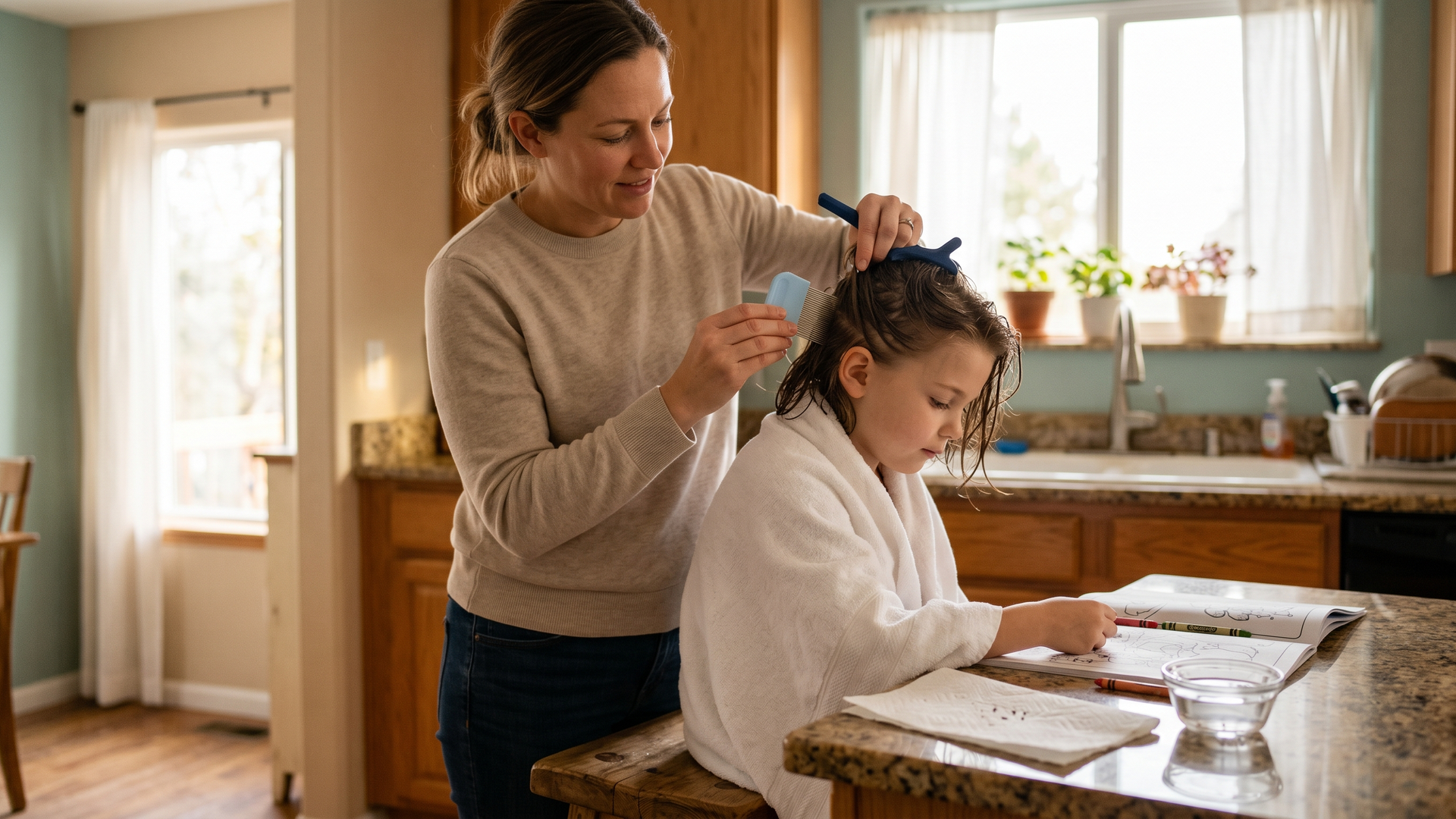 Parent in a softly lit Colorado family kitchen using a fine-tooth metal nit comb to do a follow-up comb-out on a young child's damp hair after a recent lice treatment, with a white paper towel and a small bowl of water on the counter beside them.