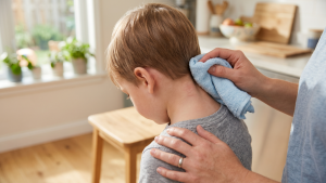 A parent gently presses a folded pale-blue cool damp washcloth against the back of a young child's lower hairline in a sunny home kitchen, soothing post-treatment scalp irritation in a calm, non-clinical setting.