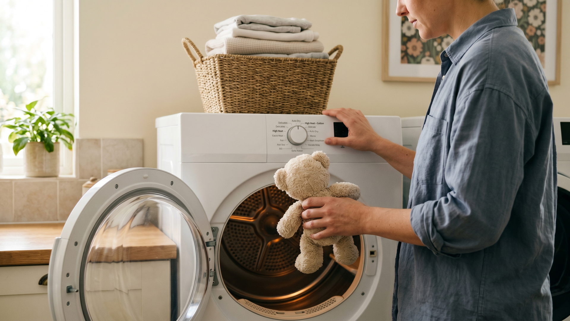 A parent in a sunny home laundry room holds a small cream-colored plush stuffed animal in one hand while the other hand sets the household clothes dryer to a high-heat cycle, ready to run the 20-minute post-lice cleanup pass.