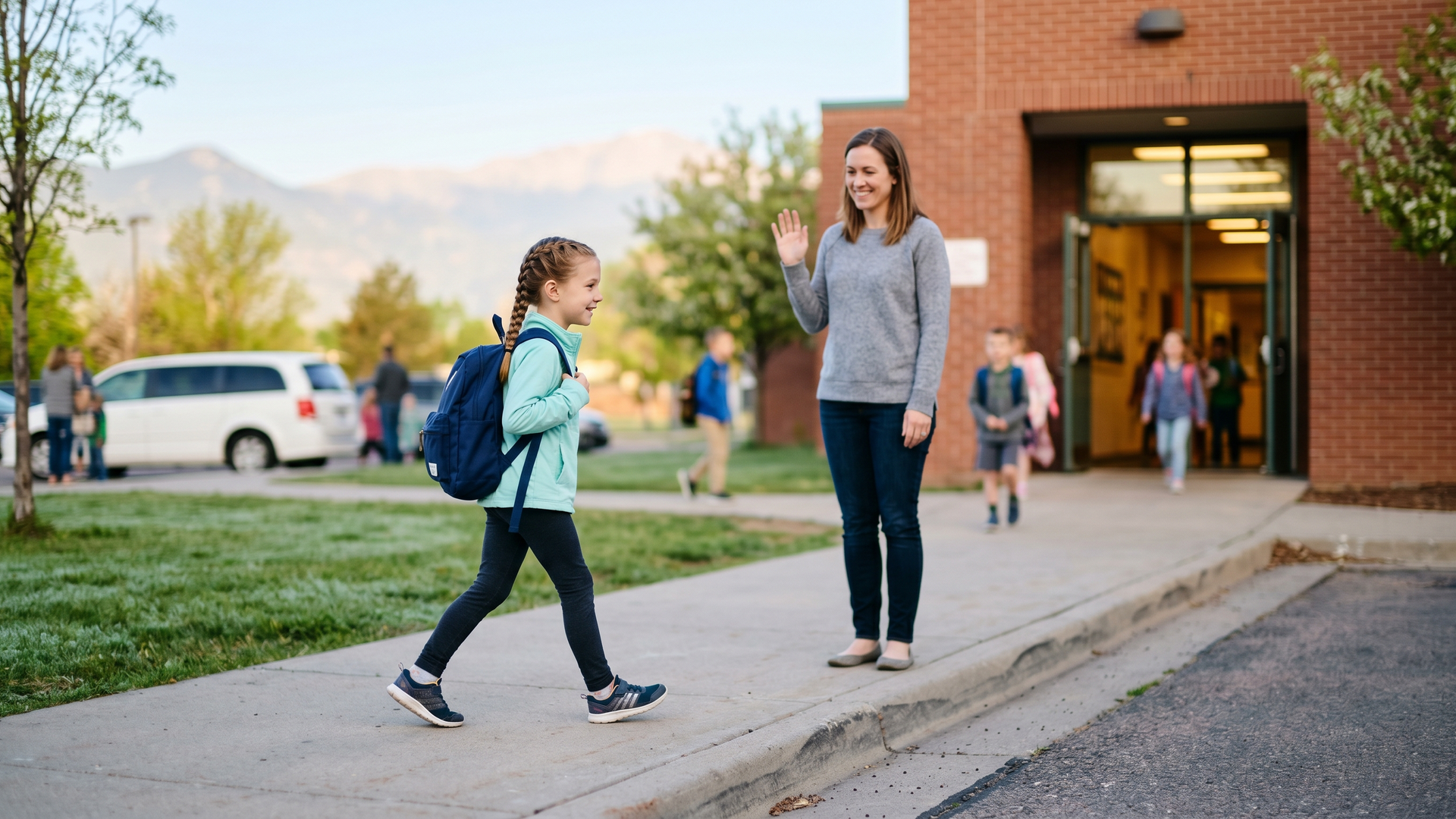 A grade-school girl with her hair in a tight French braid walks toward her Colorado Springs elementary school's open front door at morning drop-off, mom waving from the sidewalk behind her, the morning after a professional lice treatment.