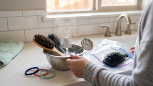 A Colorado Springs mom's morning bathroom counter: two hairbrushes, a stainless-steel nit comb, and three hair ties soaking in a steel bowl of 130-degree water with a kitchen thermometer, beside an open freezer bag holding a padded-base brush, the day after a professional lice treatment.