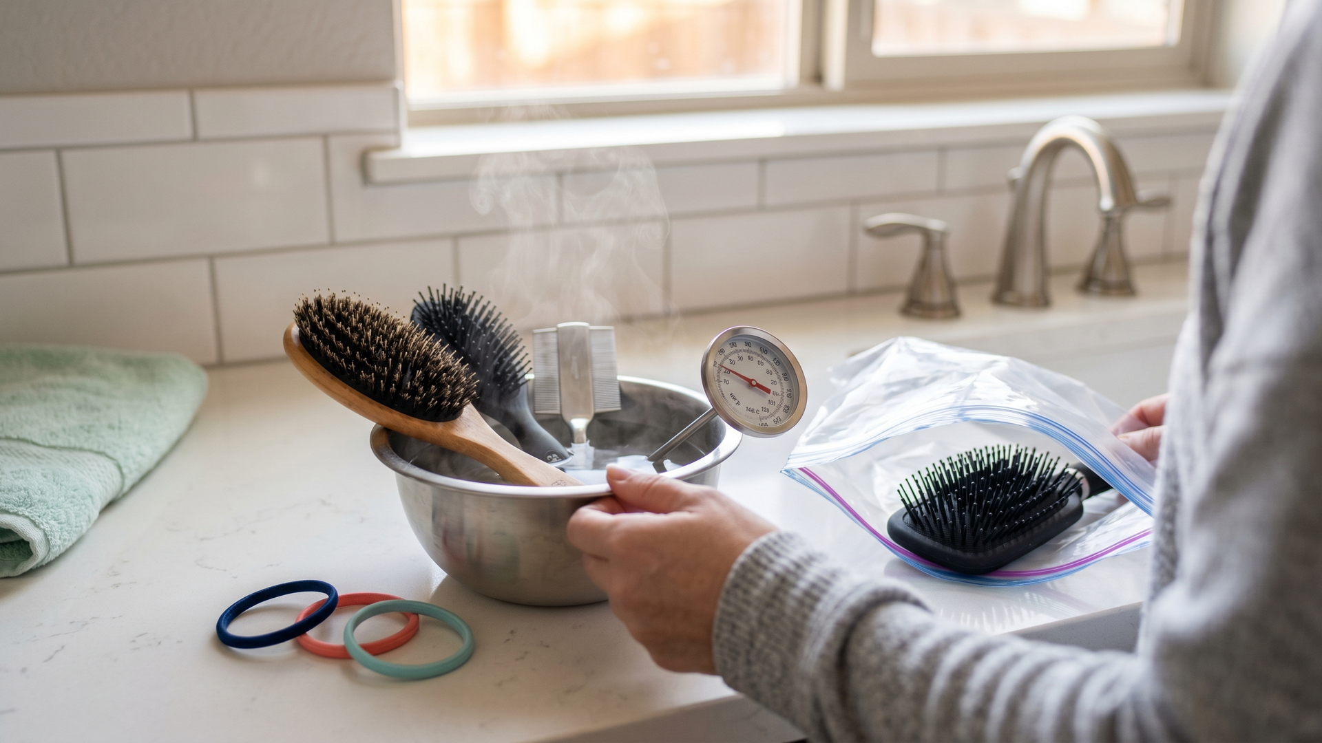 A Colorado Springs mom's morning bathroom counter: two hairbrushes, a stainless-steel nit comb, and three hair ties soaking in a steel bowl of 130-degree water with a kitchen thermometer, beside an open freezer bag holding a padded-base brush, the day after a professional lice treatment.