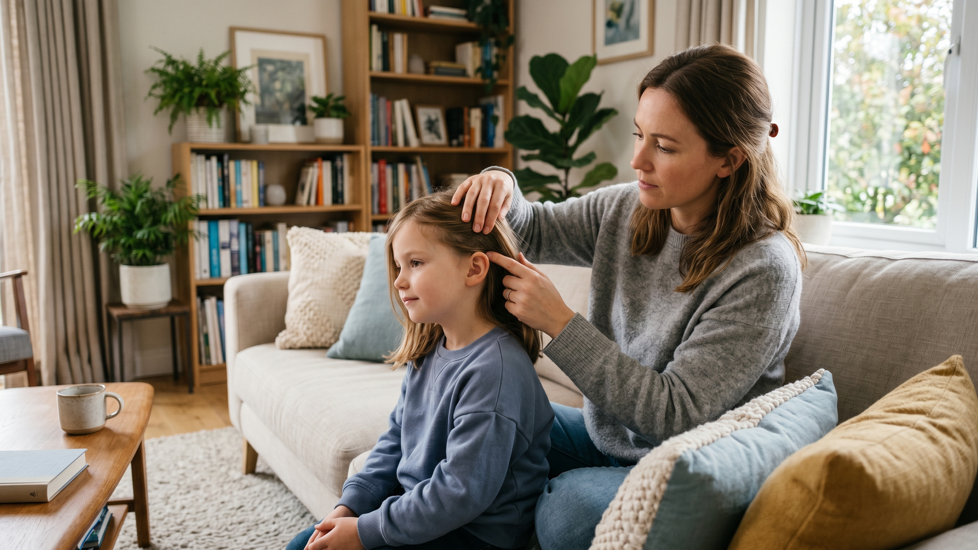 Mother gently parting her child's hair on a sofa to do a calm scalp check in soft natural daylight